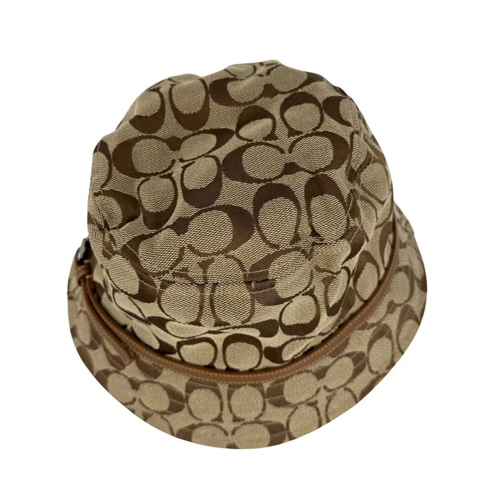 Vintage Coach CC Monogram Bucket Hat Brown/Tan Canvas Vegan Leather Accent Y2K - Picture 3 of 12